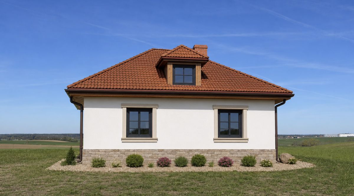 Budynek po renowacji — biała elewacja, nowy dach, ozdobny cokół kamienny, ogródek